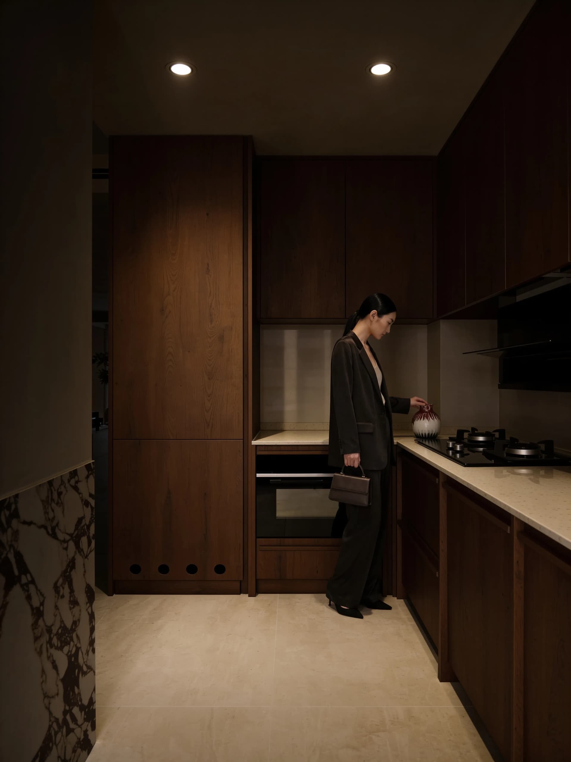 Inside the Lambent experience center — a visitor in a warm wood-panelled kitchen lit by recessed Lambent downlights